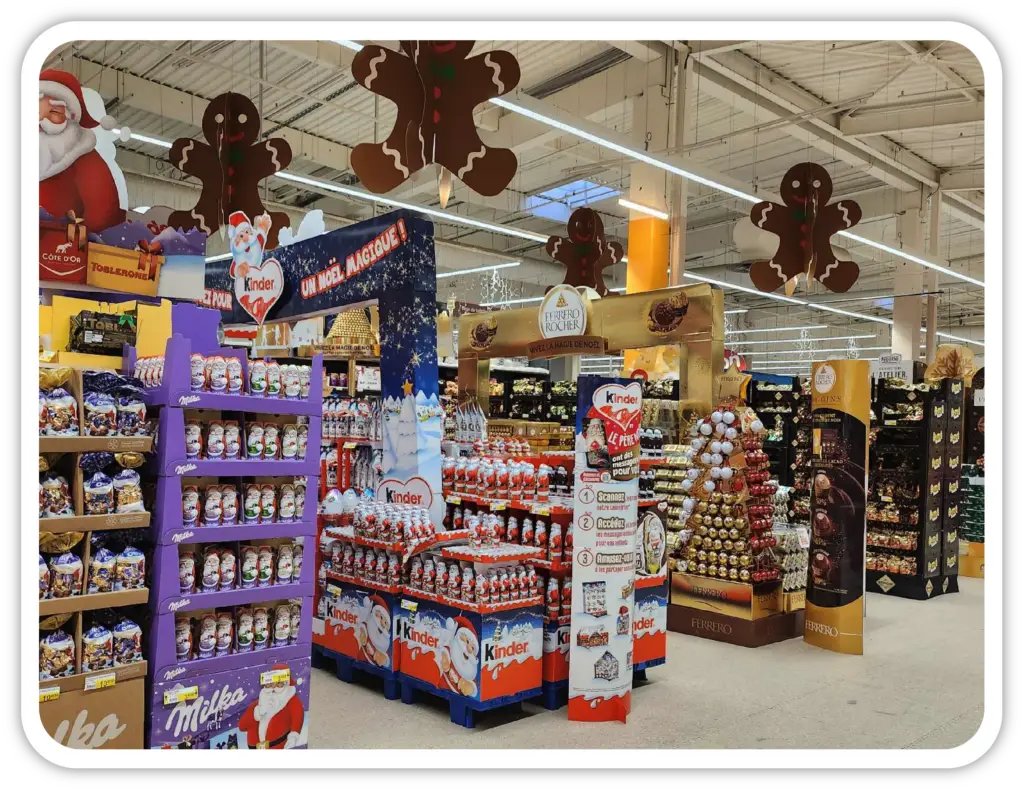 Large seasonal chocolate display installed in a supermarket centre aisle